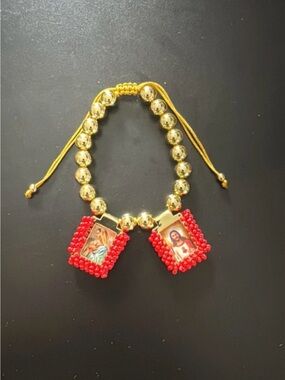 Gold Bead Religious Charm Bracelet with Red Beaded Pendants